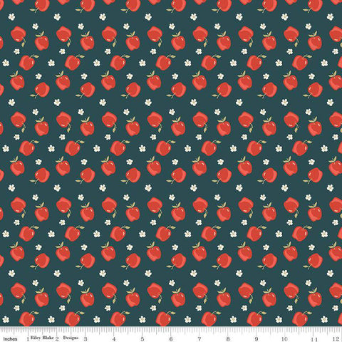 Image of the Vintage Charm Apples Midnight quilting cotton fabric by Dani Mogstad for Riley Blake Designs. Features scattered apples and blossoms on a dark blue background. 
Cute Little Fabric Shop