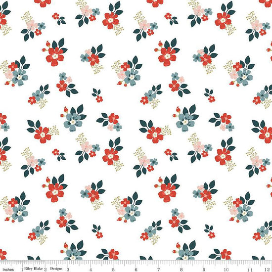 Image of the Vintage Charm Floral Eye quilting cotton fabric by Dani Mogstad for Riley Blake Designs. Features a scattered blossoms on a white background. 
Cute Little Fabric Shop