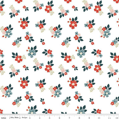 Image of the Vintage Charm Floral Eye quilting cotton fabric by Dani Mogstad for Riley Blake Designs. Features a scattered blossoms on a white background. 
Cute Little Fabric Shop