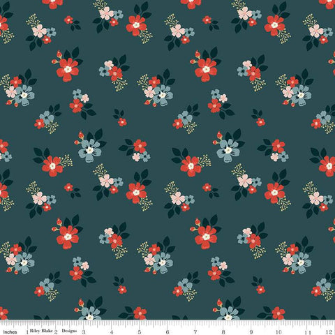 Image of the Vintage Charm Floral Midnight quilting cotton fabric by Dani Mogstad for Riley Blake Designs. Features scattered blossoms on a dark blue background. 
Cute Little Fabric Shop