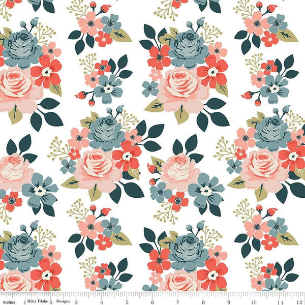 Image of the Vintage Charm Main White quilting cotton fabric by Dani Mogstad for Riley Blake Designs. Features large clusters of flowers on a white background. 
Cute Little Fabric Shop