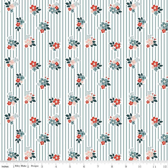 Image of the Vintage Charm Floral Stripe Stone quilting cotton fabric by Dani Mogstad for Riley Blake Designs. Features scattered flowers on a striped white background. 
Cute Little Fabric Shop