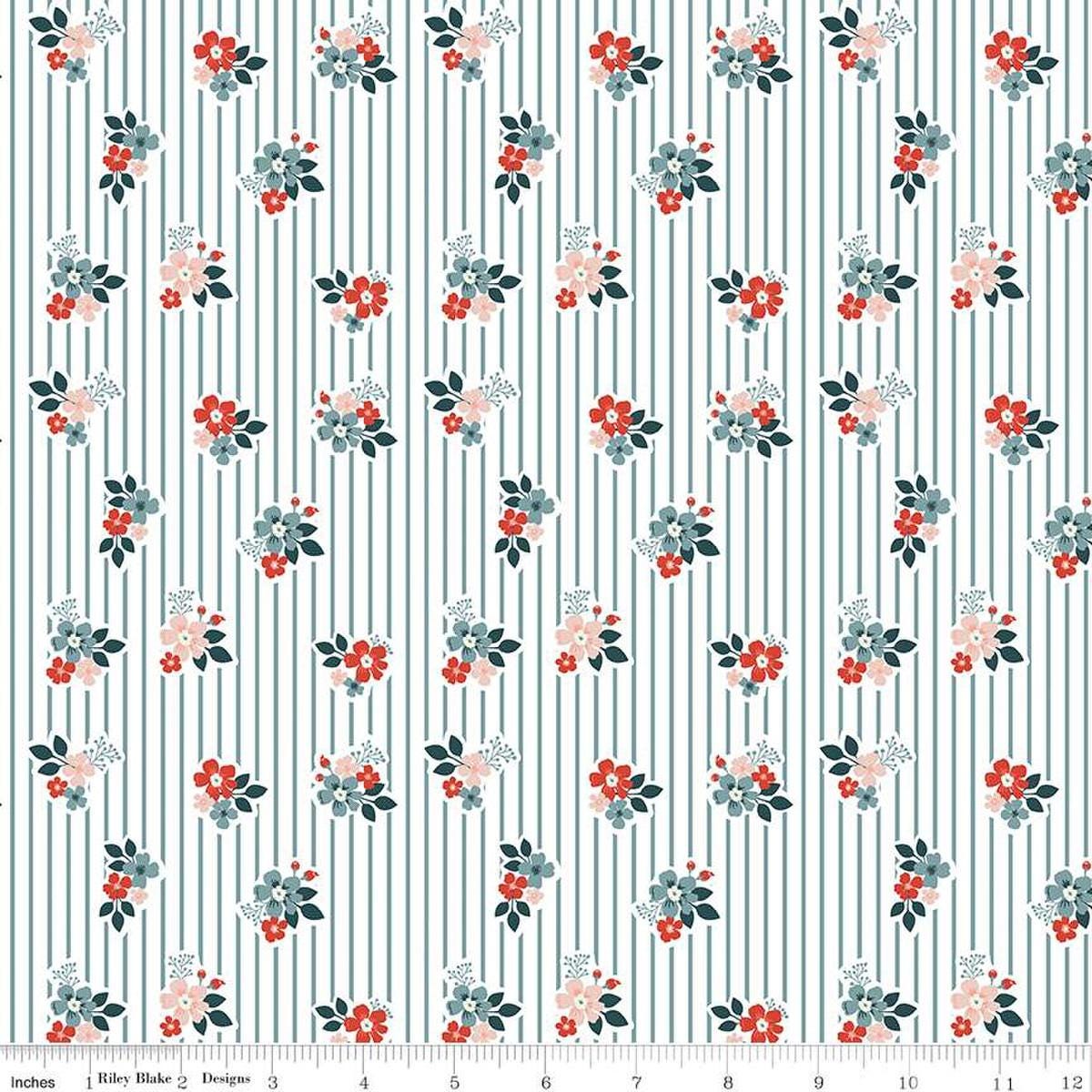 Image of the Vintage Charm Floral Stripe Stone quilting cotton fabric by Dani Mogstad for Riley Blake Designs. Features scattered flowers on a striped white background. 
Cute Little Fabric Shop