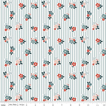 Image of the Vintage Charm Floral Stripe Stone quilting cotton fabric by Dani Mogstad for Riley Blake Designs. Features scattered flowers on a striped white background. 
Cute Little Fabric Shop