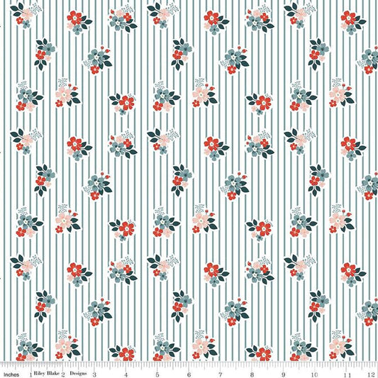 Image of the Vintage Charm Floral Stripe Stone quilting cotton fabric by Dani Mogstad for Riley Blake Designs. Features scattered flowers on a striped white background. 
Cute Little Fabric Shop