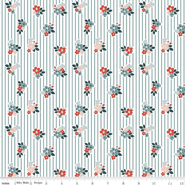 Image of the Vintage Charm Floral Stripe Stone quilting cotton fabric by Dani Mogstad for Riley Blake Designs. Features scattered flowers on a striped white background. 
Cute Little Fabric Shop