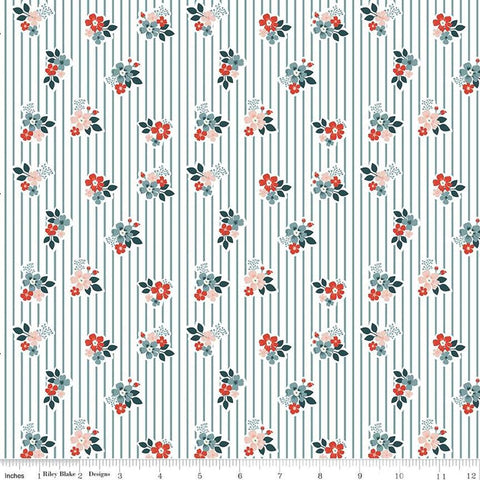 Image of the Vintage Charm Floral Stripe Stone quilting cotton fabric by Dani Mogstad for Riley Blake Designs. Features scattered flowers on a striped white background. 
Cute Little Fabric Shop