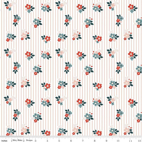 Image of the Vintage Charm Floral Stripes Blush quilting cotton fabric by Dani Mogstad for Riley Blake Designs. Features scattered flowers on a striped white and pink background. 
Cute Little Fabric Shop