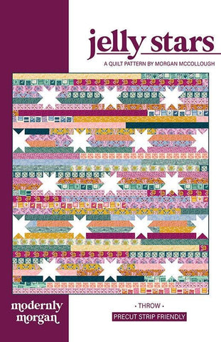 Image of the Jelly Stars quilt pattern by Modernly Morgan for Moda Fabrics. Features white stars on a striped background. 
Cute Little Fabric Shop