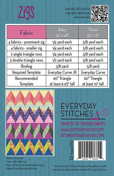 Image of the Zigs quilt pattern by Everyday Stitches for Moda Fabrics. Features the fabric requirements for the two size quilts. 
Cute Little Fabric Shop