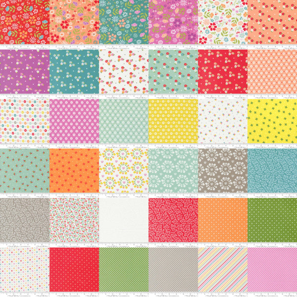 Image of the Laguna Sunrise fabric collage by Sherri & Chelsi for Moda Fabrics. Features a 36 square collage of all the fabrics in the collection. 
Cute Little Fabric Shop