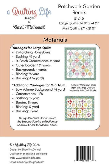 Image of the 
Patchwork Garden Remix  quilt pattern by A Quilting Life for Moda Fabrics. Features the fabric requirements to construct the quilt in two sizes.
Cute Little Fabric Shop