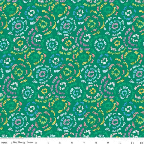 Image of the Get Your Cray-on with Crayola Fireworks Green quilting cotton fabric by Riley Blake Designs. Official Licensed Product. Features colorful doodles on a green background. 
Cute Little Fabric Shop