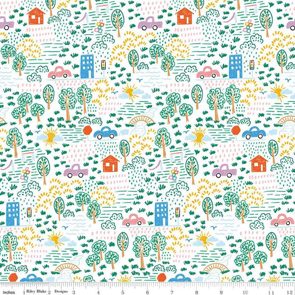 Image of the Get Your Cray-on with Crayola Neighborhood White quilting cotton fabric by Riley Blake Designs. Official Licensed Product. Features colorful doodles on a white background. 
Cute Little Fabric Shop