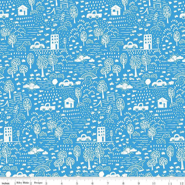 Image of the Get Your Cray-on with Crayola Neighborhood Blue quilting cotton fabric by Riley Blake Designs. Official Licensed Product. Features colorful doodles on a light purple bright blue background. 
Cute Little Fabric Shop