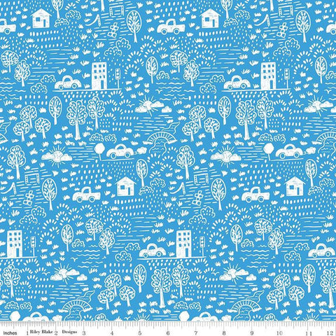 Image of the Get Your Cray-on with Crayola Neighborhood Blue quilting cotton fabric by Riley Blake Designs. Official Licensed Product. Features colorful doodles on a light purple bright blue background. 
Cute Little Fabric Shop