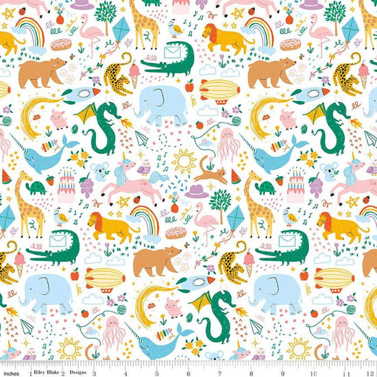 Image of the Get Your Cray-on with Crayola Main White quilting cotton fabric by Riley Blake Designs. Official Licensed Product. Features colorful animals, flowers, and doodles on a white background. 
Cute Little Fabric Shop