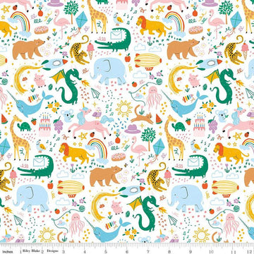 Image of the Get Your Cray-on with Crayola Main White quilting cotton fabric by Riley Blake Designs. Official Licensed Product. Features colorful animals, flowers, and doodles on a white background. 
Cute Little Fabric Shop