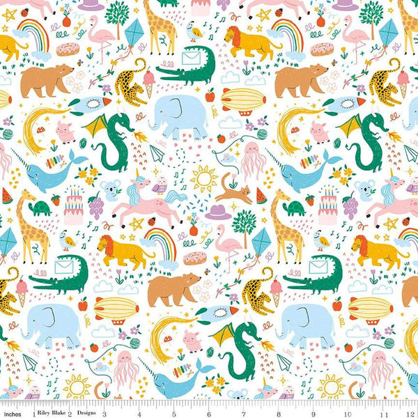 Image of the Get Your Cray-on with Crayola Main White quilting cotton fabric by Riley Blake Designs. Official Licensed Product. Features colorful animals, flowers, and doodles on a white background. 
Cute Little Fabric Shop