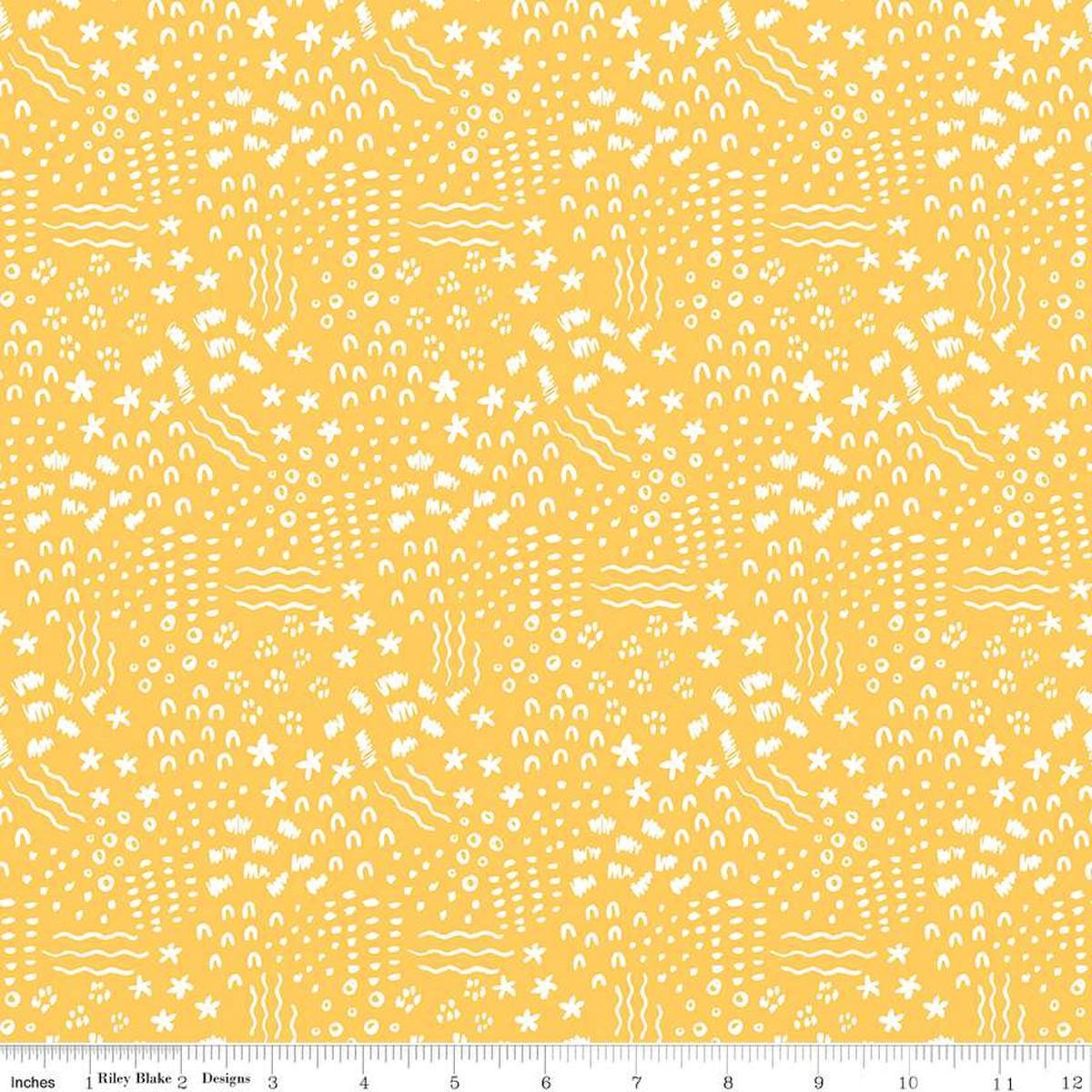 Image of the Get Your Cray-on with Crayola Dense Doodle Yellow quilting cotton fabric by Riley Blake Designs. Official Licensed Product. Features crayon-drawn squiggles and doodles on a light yellow background. 
Cute Little Fabric Shop