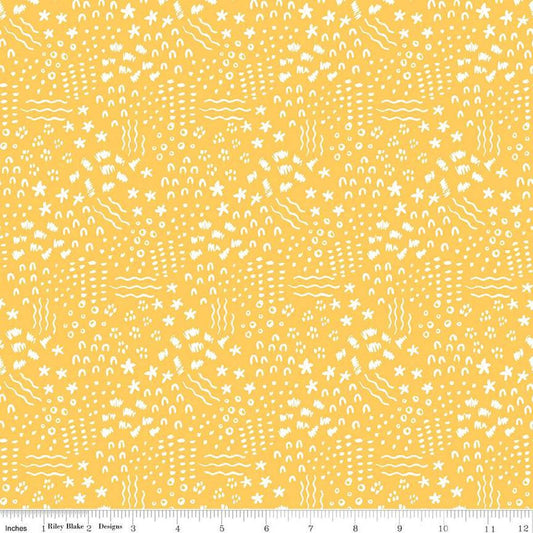Image of the Get Your Cray-on with Crayola Dense Doodle Yellow quilting cotton fabric by Riley Blake Designs. Official Licensed Product. Features crayon-drawn squiggles and doodles on a light yellow background. 
Cute Little Fabric Shop