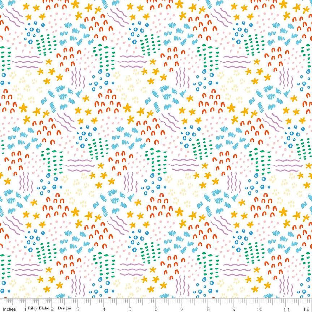 Image of the Get Your Cray-on with Crayola Dense Doodle White quilting cotton fabric by Riley Blake Designs. Official Licensed Product. Features crayon-drawn squiggles and doodles on a white background. 
Cute Little Fabric Shop