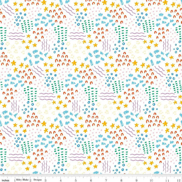 Image of the Get Your Cray-on with Crayola Dense Doodle White quilting cotton fabric by Riley Blake Designs. Official Licensed Product. Features crayon-drawn squiggles and doodles on a white background. 
Cute Little Fabric Shop