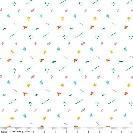 Image of the Get Your Cray-on with Crayola Ditsy Doodle White quilting cotton fabric by Riley Blake Designs. Official Licensed Product. Features crayon-drawn squiggles and doodles on a white background. 
Cute Little Fabric Shop