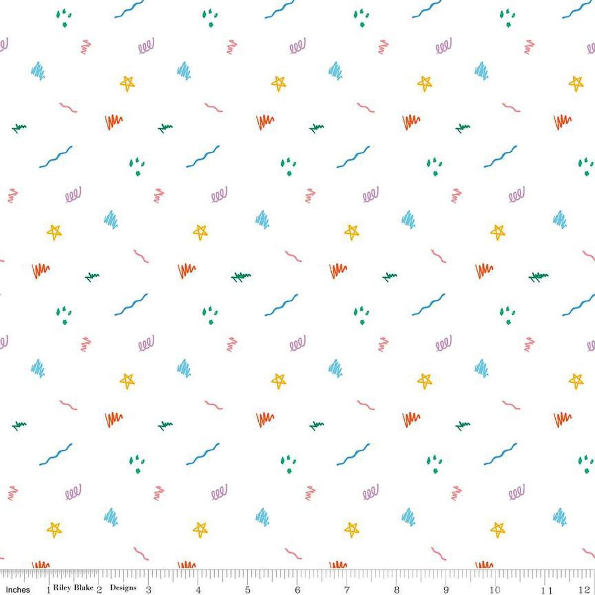 Image of the Get Your Cray-on with Crayola Ditsy Doodle White quilting cotton fabric by Riley Blake Designs. Official Licensed Product. Features crayon-drawn squiggles and doodles on a white background. 
Cute Little Fabric Shop