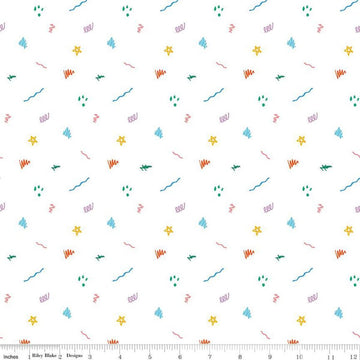 Image of the Get Your Cray-on with Crayola Ditsy Doodle White quilting cotton fabric by Riley Blake Designs. Official Licensed Product. Features crayon-drawn squiggles and doodles on a white background. 
Cute Little Fabric Shop