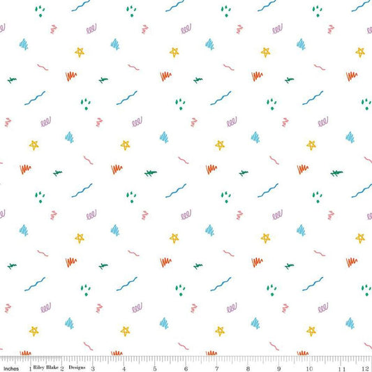 Image of the Get Your Cray-on with Crayola Ditsy Doodle White quilting cotton fabric by Riley Blake Designs. Official Licensed Product. Features crayon-drawn squiggles and doodles on a white background. 
Cute Little Fabric Shop