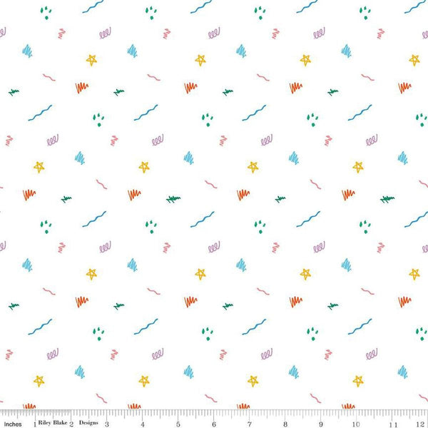 Image of the Get Your Cray-on with Crayola Ditsy Doodle White quilting cotton fabric by Riley Blake Designs. Official Licensed Product. Features crayon-drawn squiggles and doodles on a white background. 
Cute Little Fabric Shop