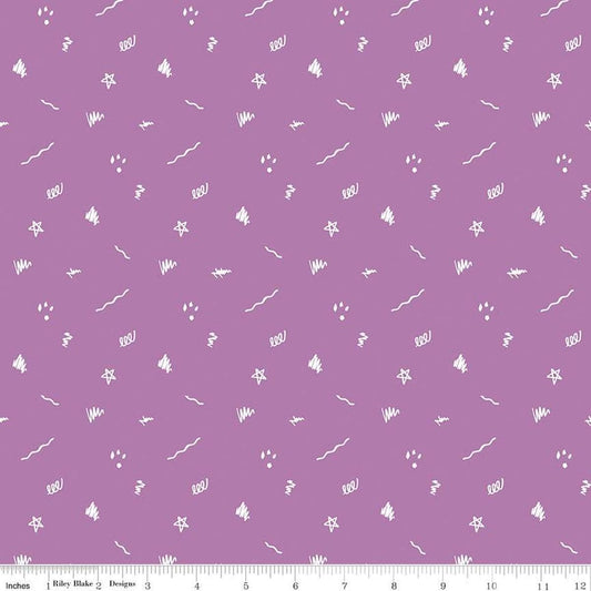 Image of the Get Your Cray-on with Crayola Ditsy Doodle Purple quilting cotton fabric by Riley Blake Designs. Official Licensed Product. Features crayon-drawn squiggles and doodles on a purple background. 
Cute Little Fabric Shop
