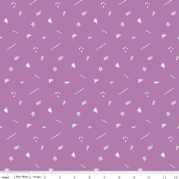 Image of the Get Your Cray-on with Crayola Ditsy Doodle Purple quilting cotton fabric by Riley Blake Designs. Official Licensed Product. Features crayon-drawn squiggles and doodles on a purple background. 
Cute Little Fabric Shop