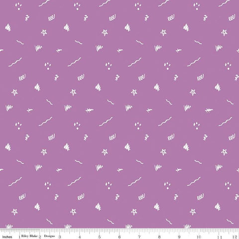 Image of the Get Your Cray-on with Crayola Ditsy Doodle Purple quilting cotton fabric by Riley Blake Designs. Official Licensed Product. Features crayon-drawn squiggles and doodles on a purple background. 
Cute Little Fabric Shop