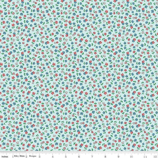 Image of the Playtime 30's Flowers Sky quilting cotton fabric by Lindsay Wilkes for Riley Blake Designs. Features small scattered flowers on a light aqua background. 
Cute Little Fabric Shop