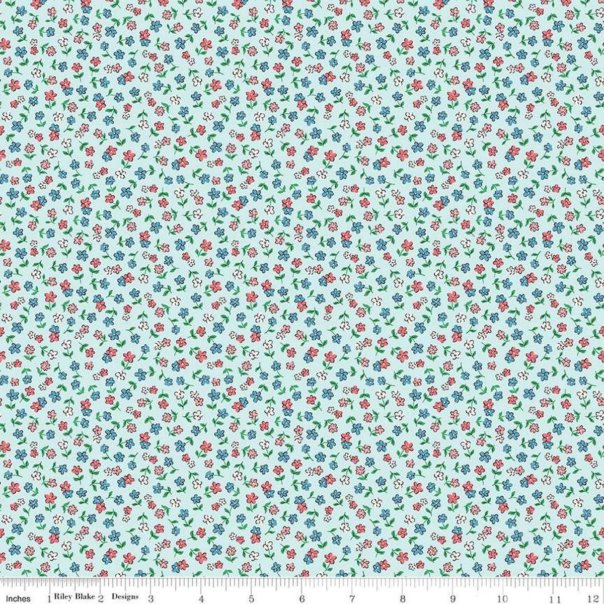 Image of the Playtime 30's Flowers Sky quilting cotton fabric by Lindsay Wilkes for Riley Blake Designs. Features small scattered flowers on a light aqua background. 
Cute Little Fabric Shop