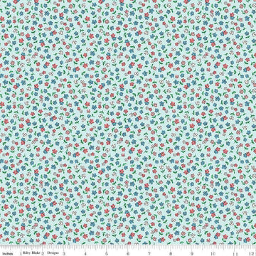 Image of the Playtime 30's Flowers Sky quilting cotton fabric by Lindsay Wilkes for Riley Blake Designs. Features small scattered flowers on a light aqua background. 
Cute Little Fabric Shop