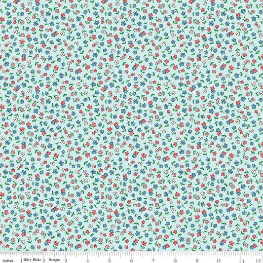 Image of the Playtime 30's Flowers Sky quilting cotton fabric by Lindsay Wilkes for Riley Blake Designs. Features small scattered flowers on a light aqua background. 
Cute Little Fabric Shop