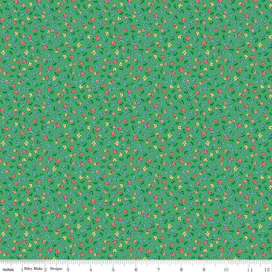 Image of the Playtime 30s Flowers Kelly quilting cotton fabric by Lindsay Wilkes for Riley Blake Designs. Features small scattered flowers on an dark green background. 
Cute Little Fabric Shop