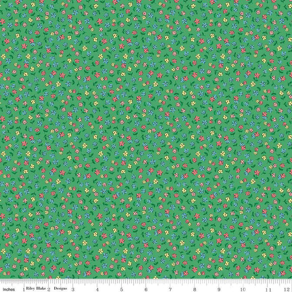 Image of the Playtime 30s Flowers Kelly quilting cotton fabric by Lindsay Wilkes for Riley Blake Designs. Features small scattered flowers on an dark green background. 
Cute Little Fabric Shop