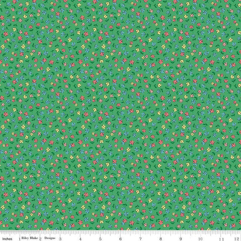 Image of the Playtime 30s Flowers Kelly quilting cotton fabric by Lindsay Wilkes for Riley Blake Designs. Features small scattered flowers on an dark green background. 
Cute Little Fabric Shop