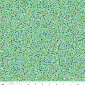 Image of the Playtime 30s Flowers Green quilting cotton fabric by Lindsay Wilkes for Riley Blake Designs. Features small scattered flowers on an light green background. 
Cute Little Fabric Shop
