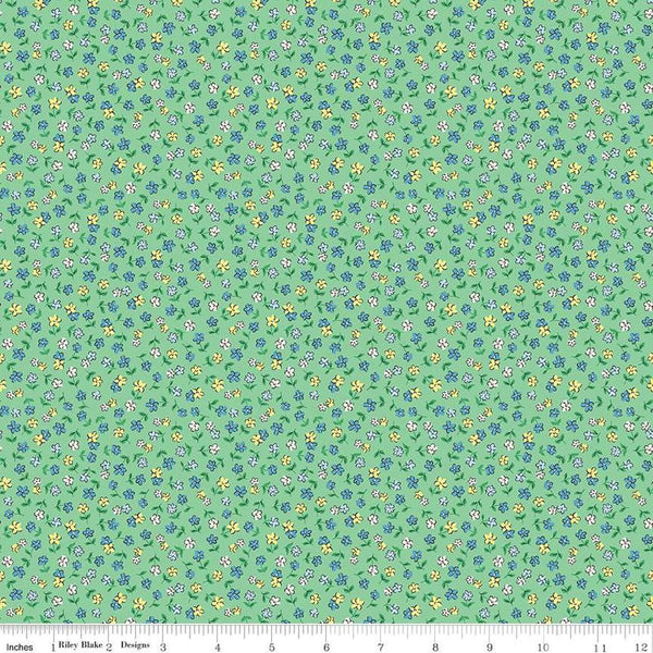 Image of the Playtime 30s Flowers Green quilting cotton fabric by Lindsay Wilkes for Riley Blake Designs. Features small scattered flowers on an light green background. 
Cute Little Fabric Shop