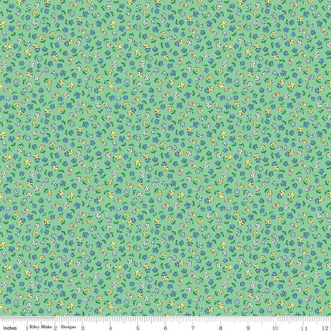 Image of the Playtime 30s Flowers Green quilting cotton fabric by Lindsay Wilkes for Riley Blake Designs. Features small scattered flowers on an light green background. 
Cute Little Fabric Shop