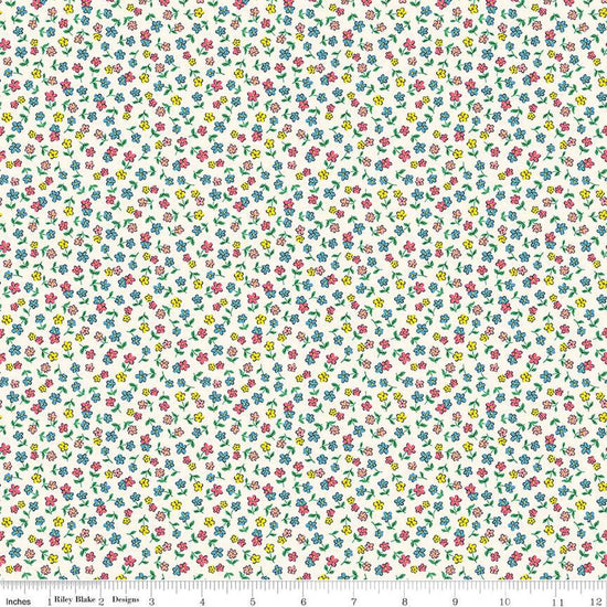Image of the Playtime 30s Flowers White quilting cotton fabric by Lindsay Wilkes for Riley Blake Designs. Features small scattered flowers on an white background. 
Cute Little Fabric Shop