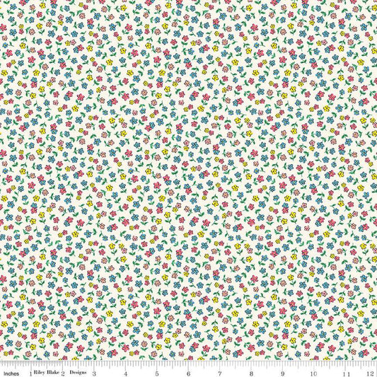 Image of the Playtime 30s Flowers White quilting cotton fabric by Lindsay Wilkes for Riley Blake Designs. Features small scattered flowers on an white background. 
Cute Little Fabric Shop
