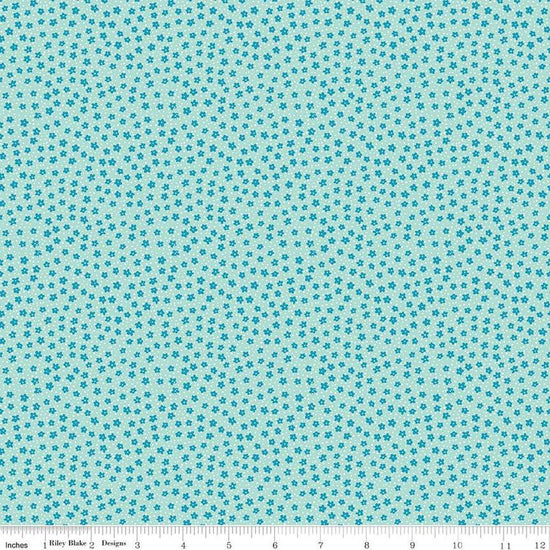 Image of the Playtime 30s Ditsy Mist quilting cotton fabric by Lindsay Wilkes for Riley Blake Designs. Features small scattered flowers and small dots on a light blue background. 
Cute Little Fabric Shop