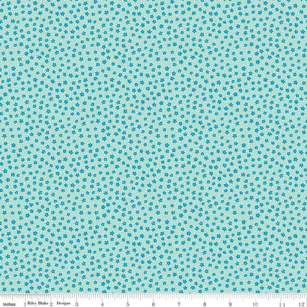 Image of the Playtime 30s Ditsy Mist quilting cotton fabric by Lindsay Wilkes for Riley Blake Designs. Features small scattered flowers and small dots on a light blue background. 
Cute Little Fabric Shop