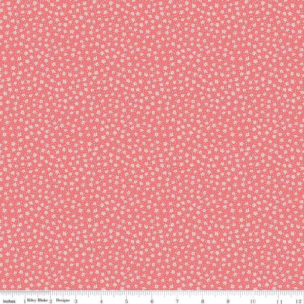 Image of the Playtime 30s Ditsy Lipstick quilting cotton fabric by Lindsay Wilkes for Riley Blake Designs. Features small scattered flowers and small dots on a pink coral background. 
Cute Little Fabric Shop